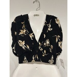 NWT Free People Smocked Crop Blouse Plunging V-neck Black With Cream Floral